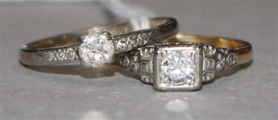 Two 18ct gold and diamond rings (one solitaire and one single stone with diamond set shoulders).
